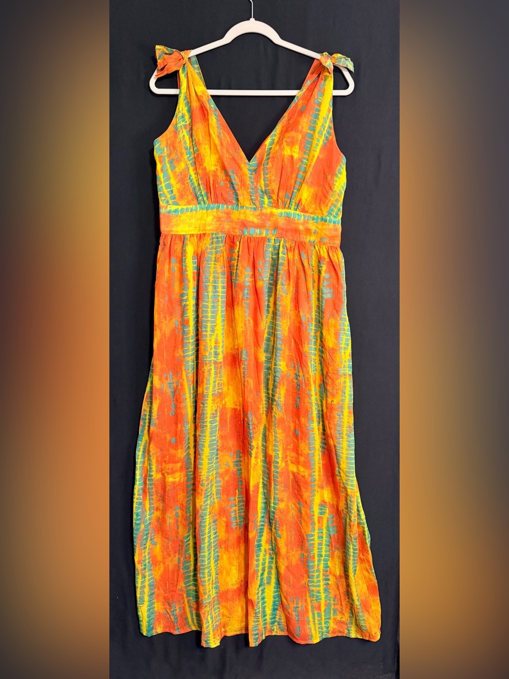 Ellen Weaver 1x Vibrant Orange Tie-Strap Maxi Dress V-Neck Zip up Cruise wear